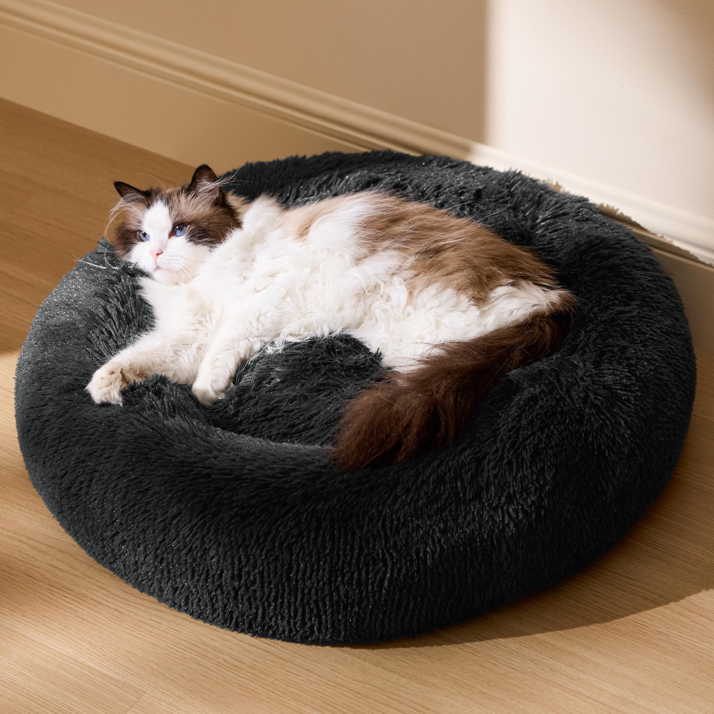 Bedsure Plush Round Cat Bed - 50x50x13cm Washable Cat Beds for Indoor Cats Small Dogs, Fluffy Calming Anti Anxiety Kitten Puppy Bed, Dark Grey