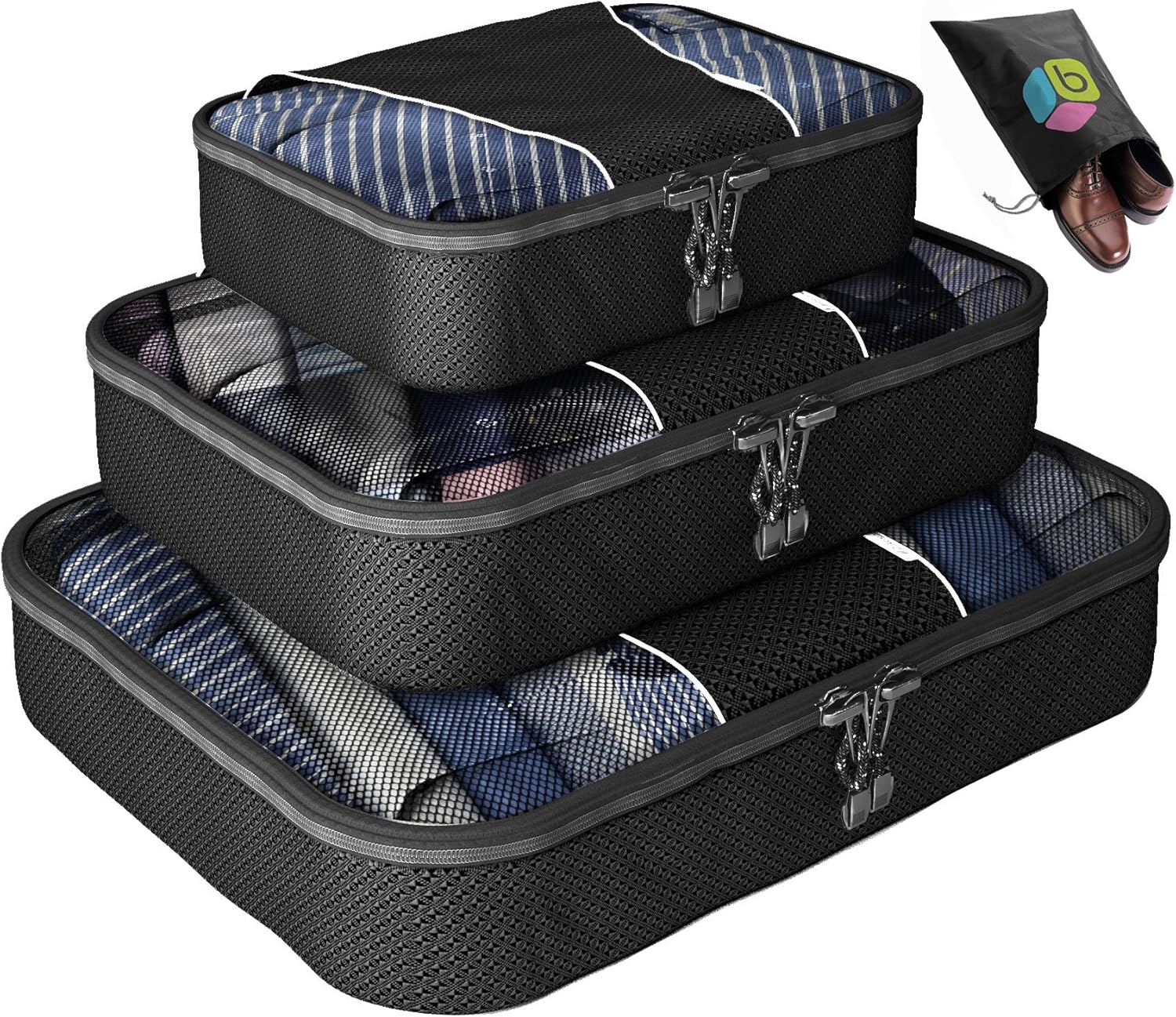 Packing Cubes 4 pc Value Set Luggage Organizer + Bonus Shoe Bag