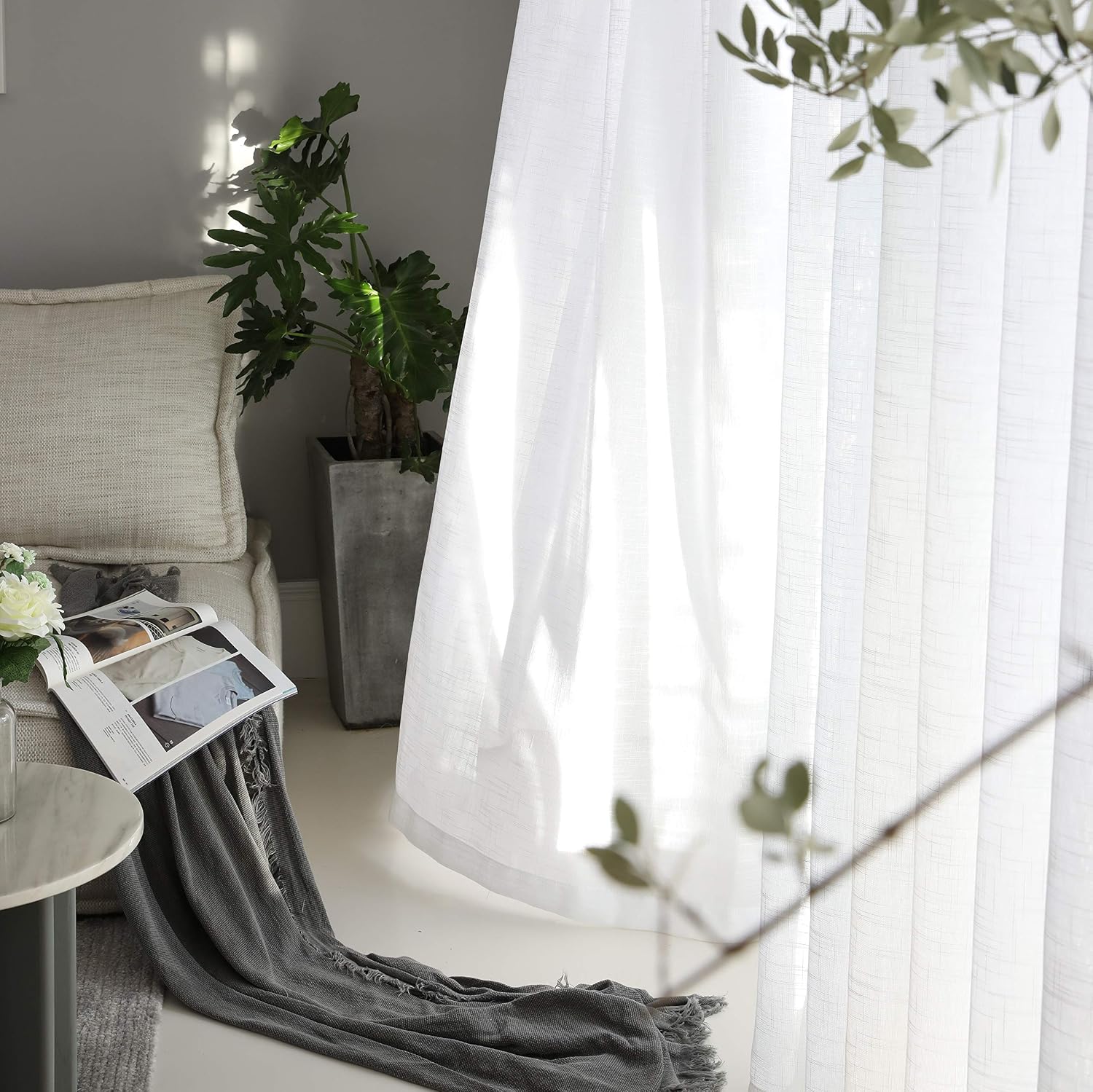 Home Brilliant Net Curtains for Windows 72 inch Drop Semi Transparent Voile Curtain Panels White Linen Look Sheer Curtains for Bedroom Living Room 72 inches Drop - Image 4