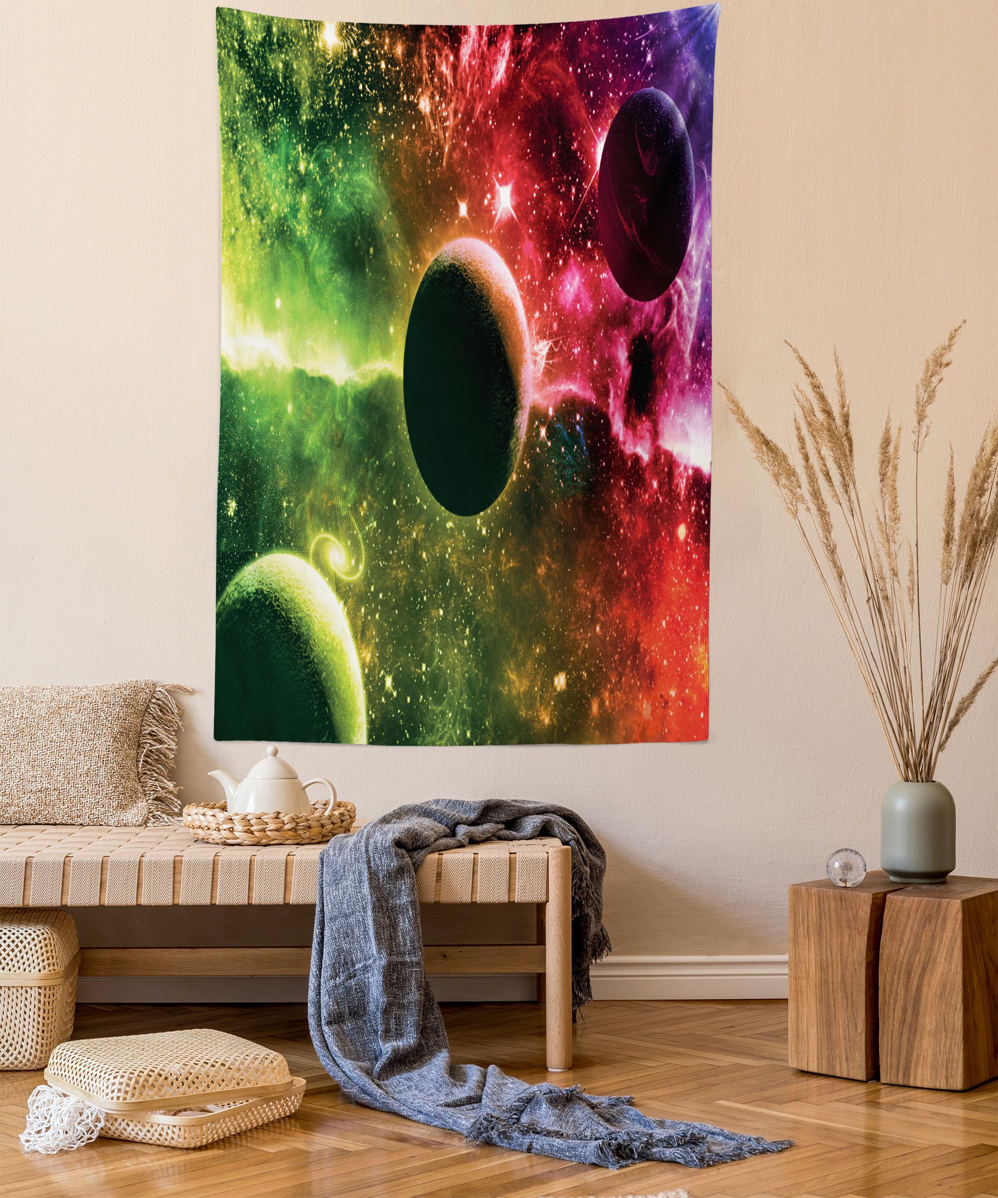 ABAKUHAUS Psychedelic Tapestry, Space Universe Cosmos Galaxy Nebula Stars and Planets in Trippy Tones Image, Fabric Wall Hanging Decor for Bedroom Living Room Dorm, 54 W X 90 L, Magenta Green