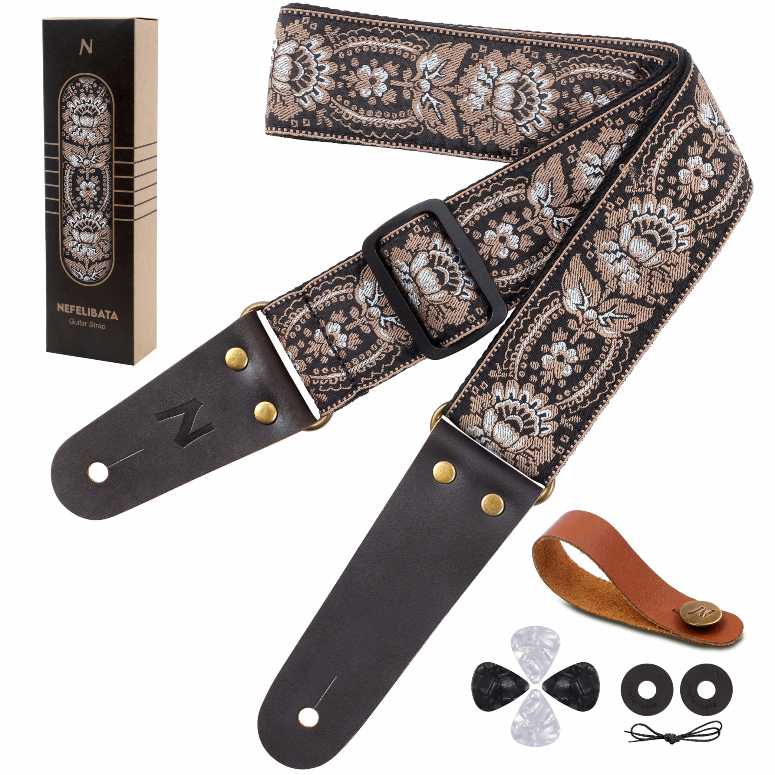 Nefelibata Guitar Strap, Vintage Embroidered Cotton Guitar Straps with Genuine Leather Ends for Bass, Electric & Acoustic Guitars, Come with Free Strap Button, 1 Pair Strap Locks and 4 Guitar Picks