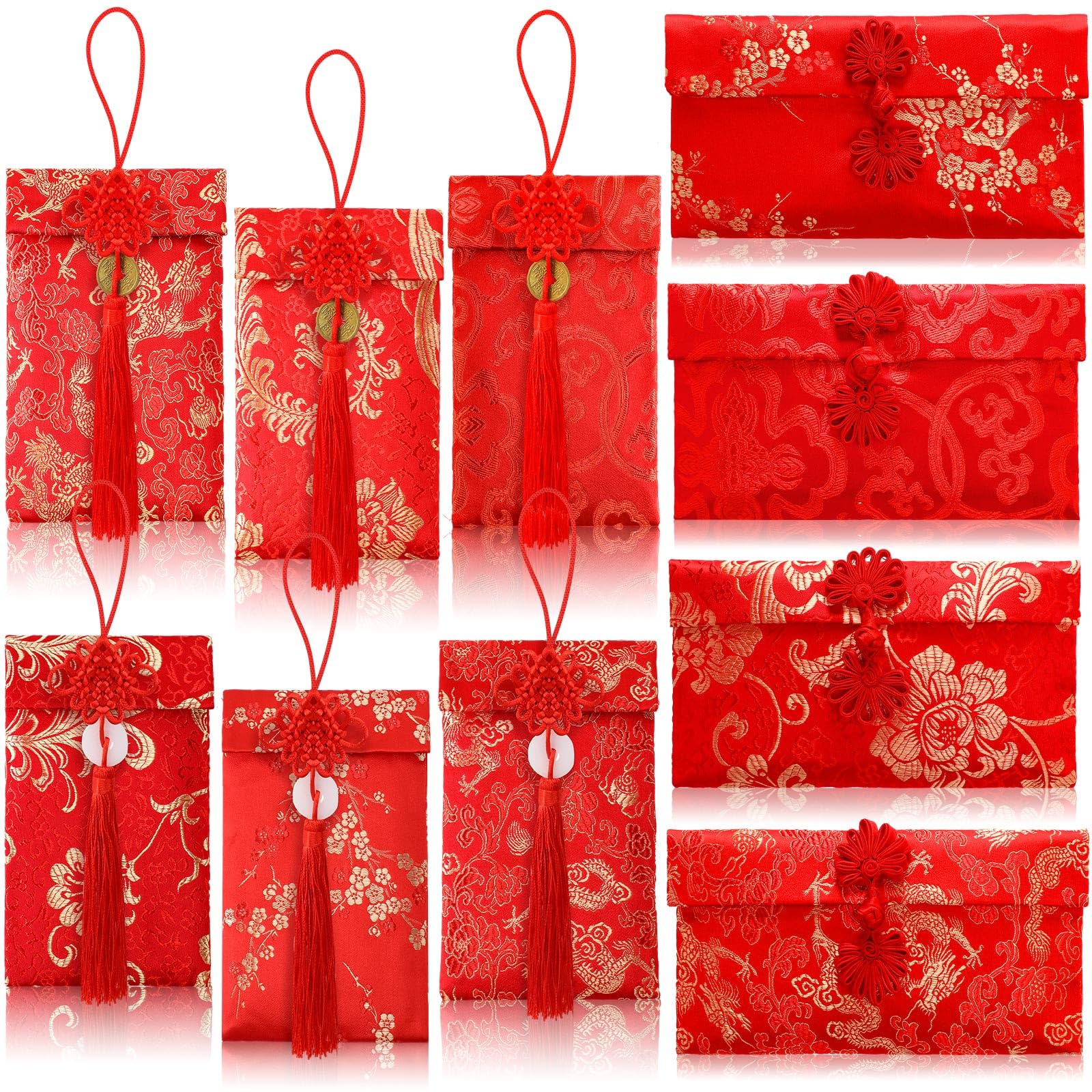 JULBEAR Chinese New Year Red Envelopes, 10Pcs 2025 Lunar Traditional Lucky Money Hong Bao Embroidery Craft Silk Red Envelope for Spring Festivel Chinese Lunar New Year Wedding Party Supplies Decor