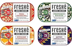 Freshé Gourmet Canned Tuna Variety Pack (4 Pack) Healthy High-Protein Skipjack Fish & Ready-to-Eat Meal – All-Natural, Non-GMO, Wild-Caught Tuna – Gluten Free Diet Friendly