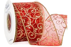 Ribbli Swirl Glitter Wired Ribbon, Red Organza Sheer with Gold Glitter Swirl Pattern and Gold Metallic Edge,2-1/2Inch x 10Yards Christmas Ribbon for Tree Decoration