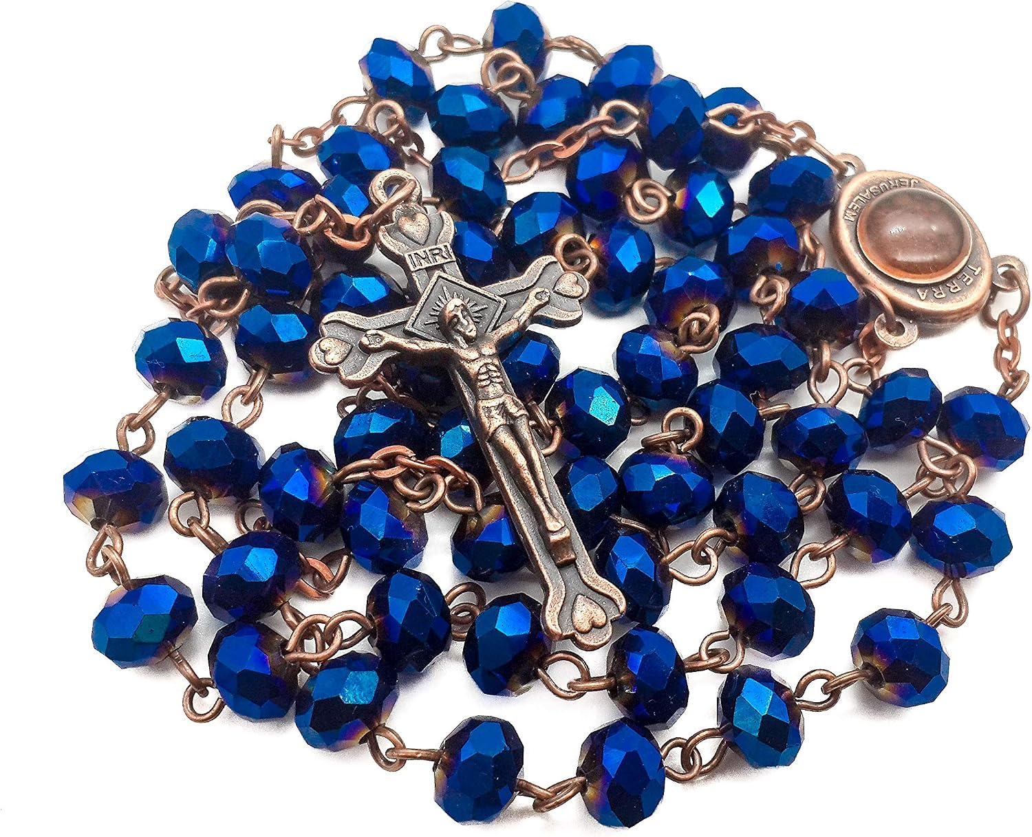 thumbnail image 2 of Deep Red Marble Glass Rosary Necklace 22" 8mm Beads Catholic Ave Maria 2 of 5