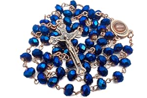 Nazareth Store Deep Blue Crystal Beads Rosary Necklace Catholic Prayer Jerusalem Holy Soil Medal Cross Holy Land Antique Religious Rosaries Beads Collection