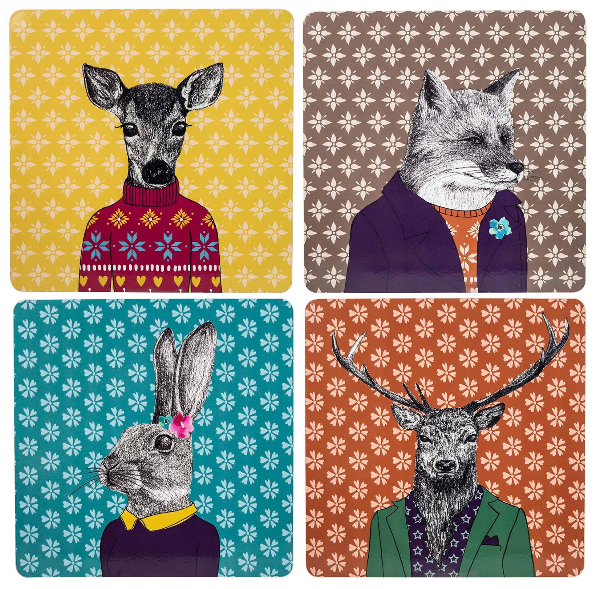 English Tableware Set of 4 After Dark Woodland Creatures Square Cork-Backed Placemats, Mixed Designs