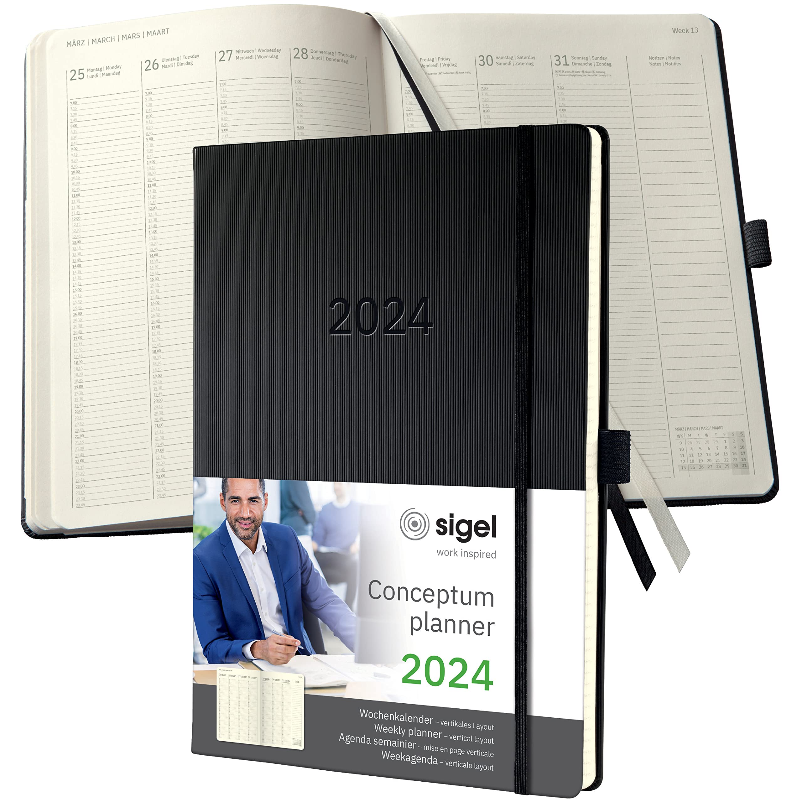 SIGEL C2418 Conceptum Weekly planner 2024, vertical layout, A4+, Black, hardcover, 2 pages equal to 1 week, 192 pages
