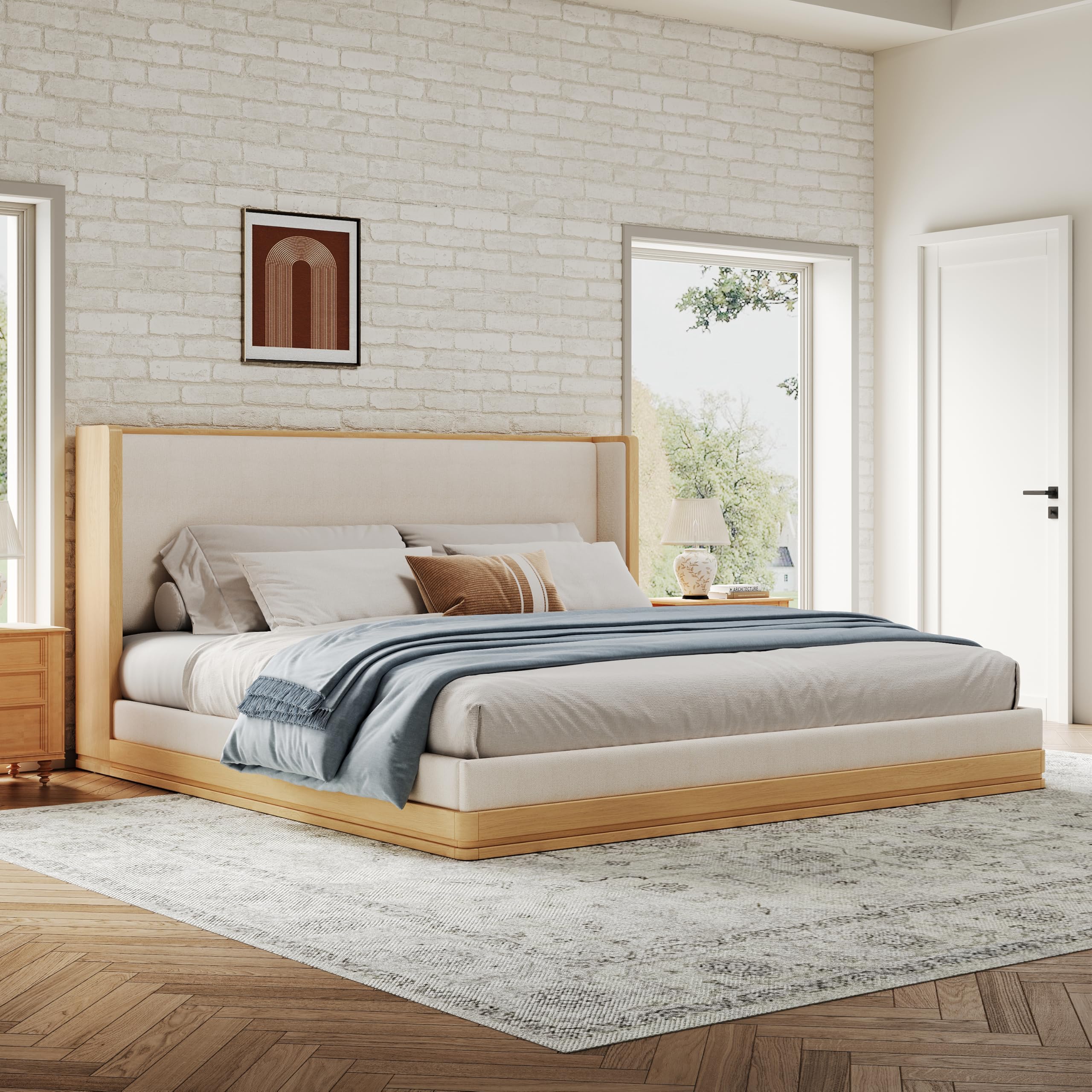 Photo 1 of Merax Modern King Size Wood Platform Bed with Headboard, Mid-Century Floor Upholstered Bed Frame/No Box Spring Needed/Easy Assembly, Beige+ Nutural