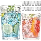 wookgreat Vintage Drinking Glasses Set of 12, Textured Clear Striped Glass Cups-6 Highball Glasses 13oz & 6 Rocks Glasses 10oz, Ribbed Glassware Set, Mojito Cups, Cocktail Glass, Iced Coffee Cup