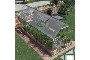 VanAcc 6x16 FT Hybrid Polycarbonate Greenhouse Hinged Door with 4 Vent Window LockableAluminum Walk-in Hobby Greenhouse Sun House for Outdoor Garden Backyard, Silver