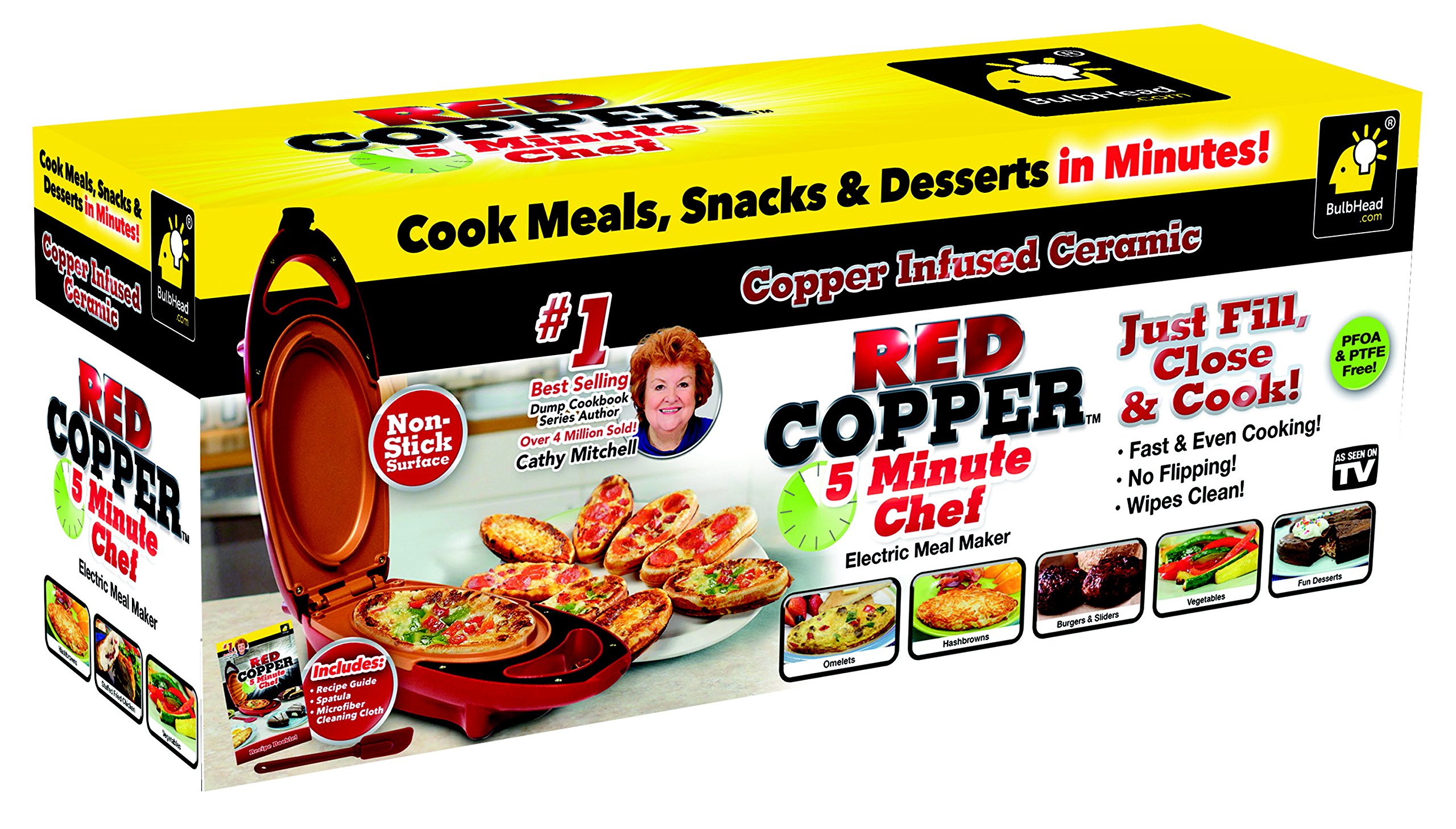 Red Copper DoubleCoated 5 Minute Chef Electric Cooker by BulbHead, Includes Spatula and Recipe