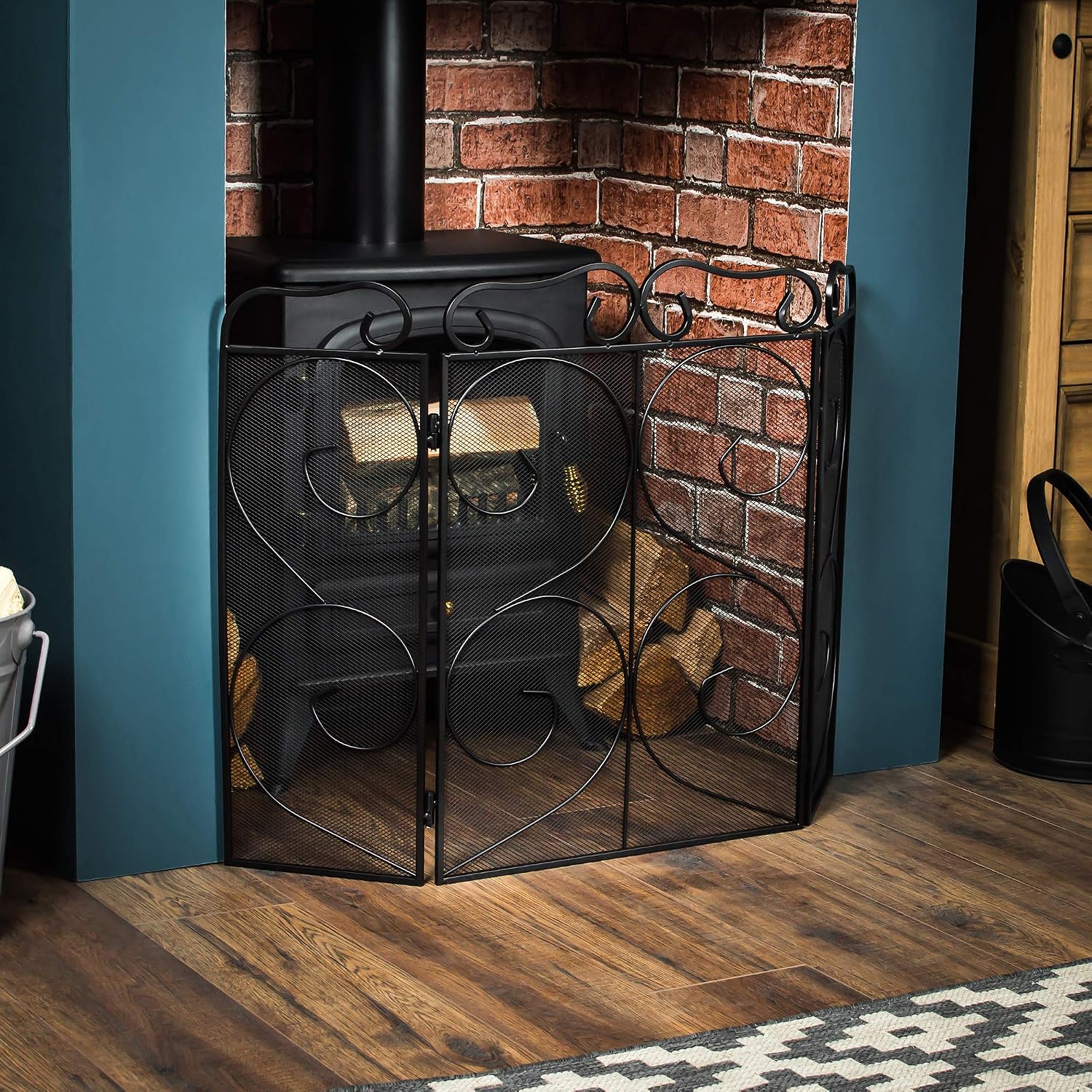 Fire Vida Tapton 3 Panel Fire Screen/Spark Fire Guard, Metal, Black, H 58 x W 81 x D 23 cm approx - Image 3