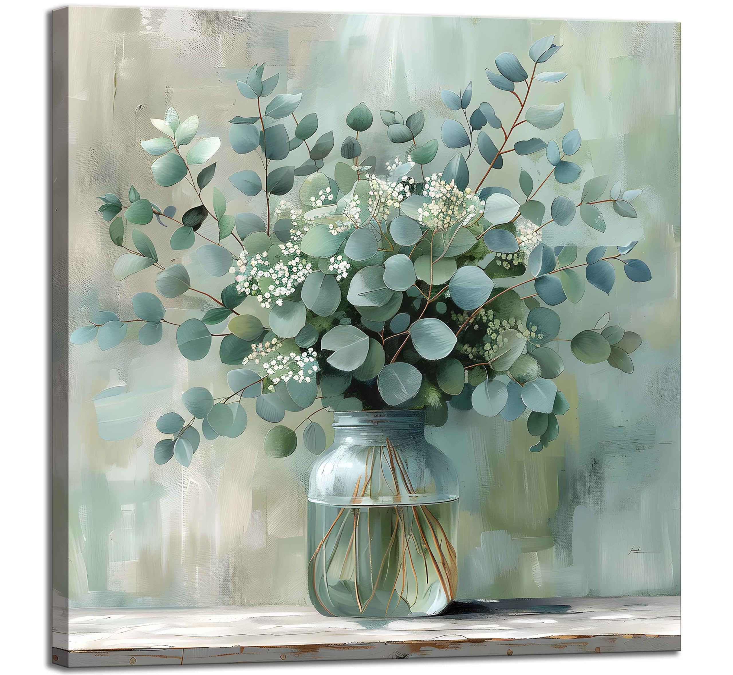 Photo 1 of Eucalyptus Flower Glass Vase Canvas Wall Art Bathroom Decor Country Style Wall Decor Pictures Farmhouse Vintage Artwork Green Botanical Posters Prints for Bathroom Bedroom Decoration