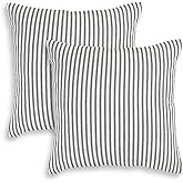Cackleberry Home Black and White Ticking Stripe Woven Cotton Decorative Square Throw Pillow Case Covers 20 x 20 Inches, Set of 2