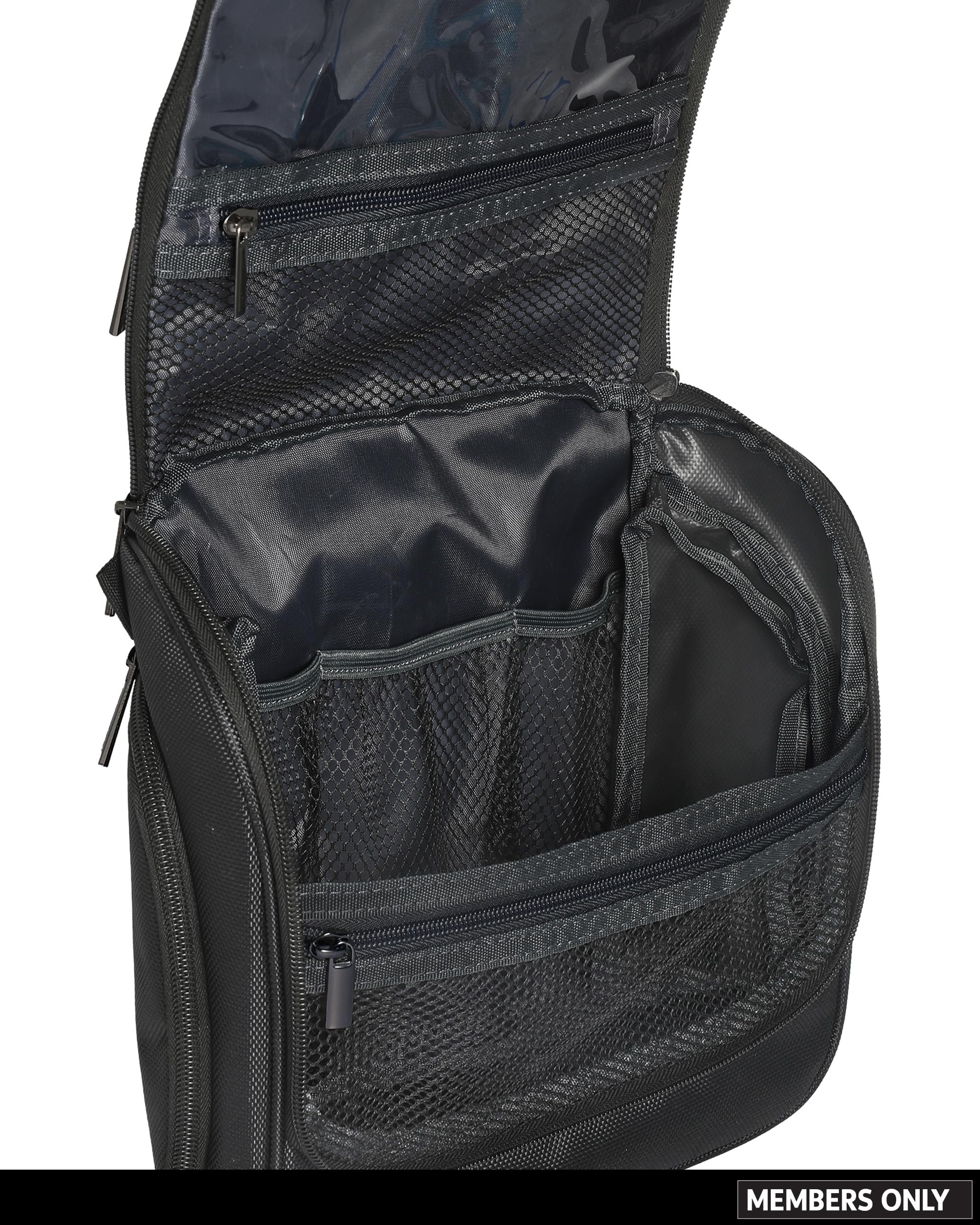 Members Only Hanging Toiletry Bag with Rotating Hook, Black Toiletry Organizer, Bathroom Bag