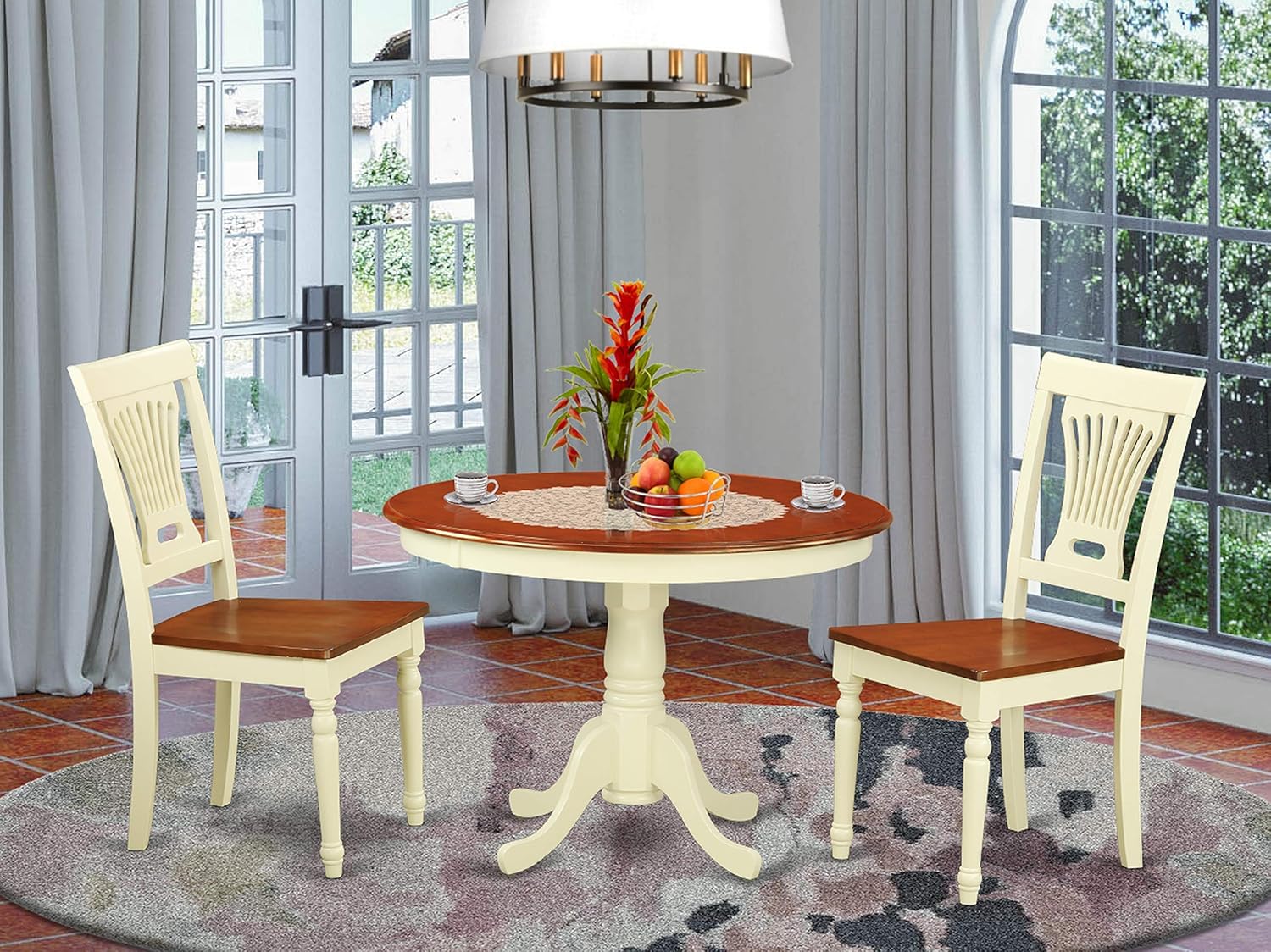 3 Pc set with a Round Dinette Table and 2 Wood Dinette Chairs in Buttermilk and Cherry .