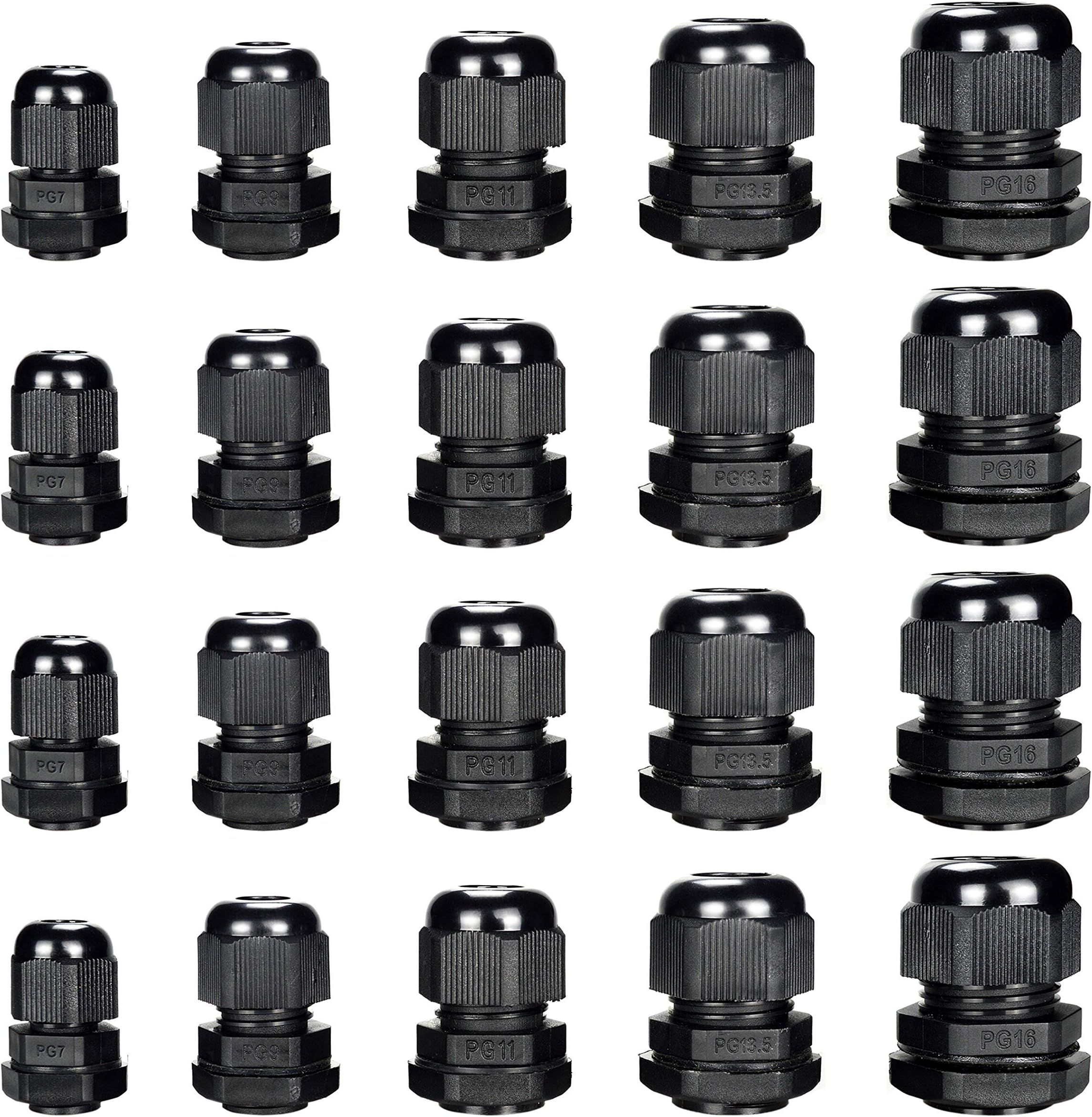 Cable Gland - Plastic Waterproof Cable Connector Adjustable 0.12 to 0.55 inch Cable, PG7, PG9, PG11, PG13.5, PG16, Pack of 20 by MoArmor