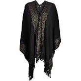 ZLYC Women's Shawl Golden Trim Knit Blanket Wrap Fringe Poncho Coat Cardigan