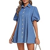 POLIRO Denim Dress for Women Puff Sleeve Babydoll Jean Dress Mini Denim Romper with Pockets