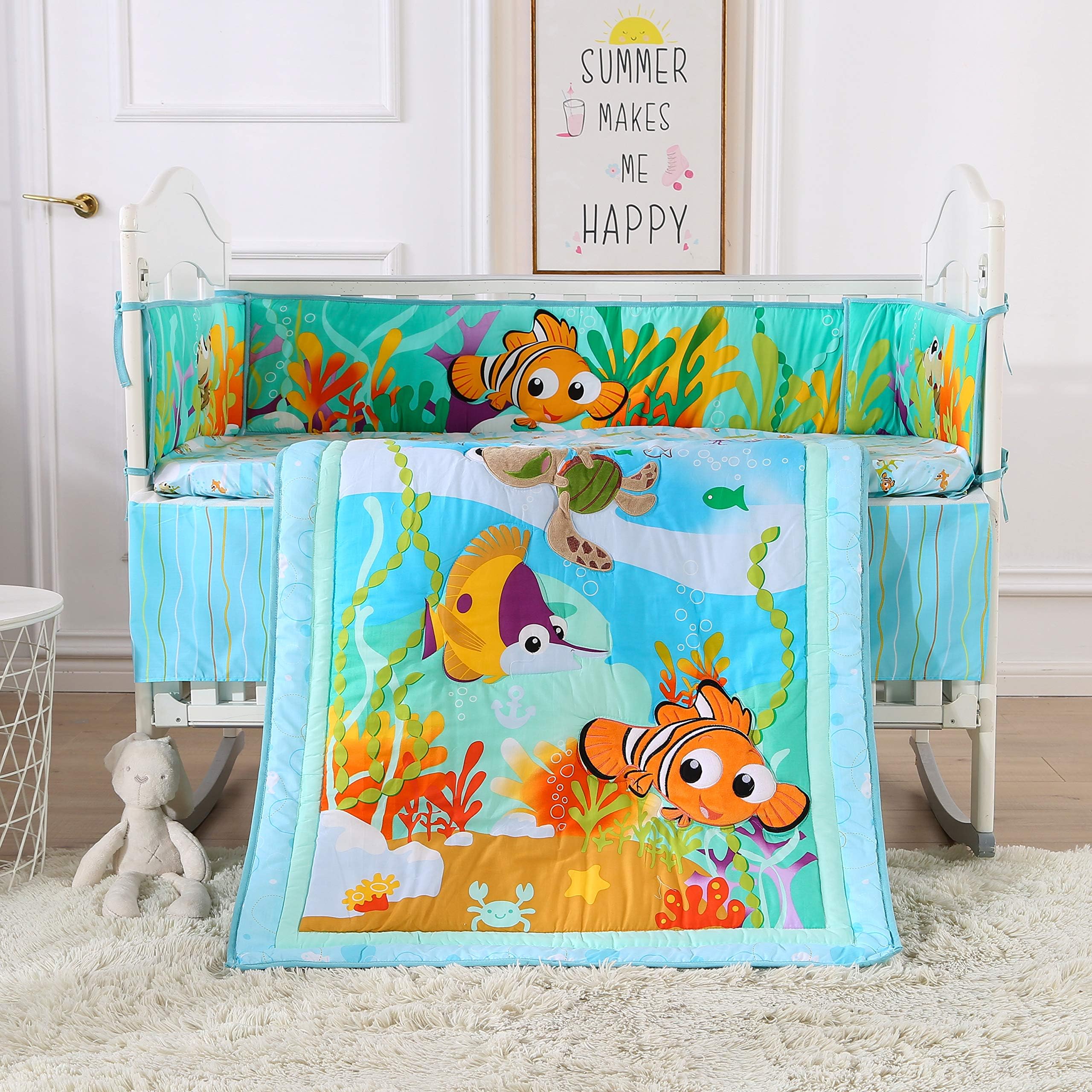 Wowelife Blue Crib Bedding Sets for Boys 100% Cotton 7-Piece Fish Nursery Bedding(Sea World-7 Piece)