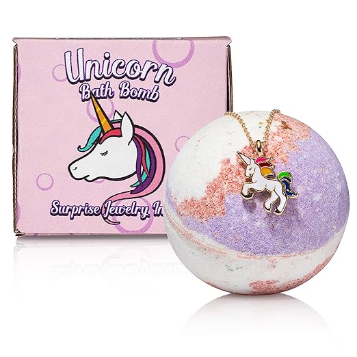 Unicorn Bath Bomb with surprise necklace for girls. Bath bombs for kids that creates a unicorn party with each wash. Perfect holiday or birthday gift for your 4, 5, 6, 7, or 8 year old