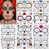 Halloween Temporary Face Tattoos Makeup Kit, Day of the Dead Sugar Skull Floral Black Skeleton Web Red Roses Full Face Mask Stickers Tattoo Families Party Supplies