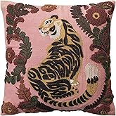Creative Co-Op Embroidered Tiger and Flowers Cotton Slub Pillow, Multicolor
