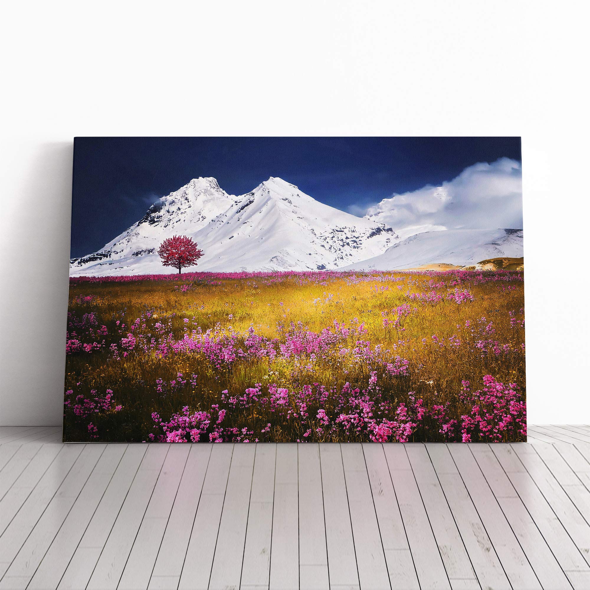 Landscape Lone Tree, Flowers and Montains Canvas Print | Gallery Wrapped 30mm Frame Wall Art | 20x14 inches | Ready to Hang | Contemporary Floral Picture | Living Room Bedroom Lounge Office