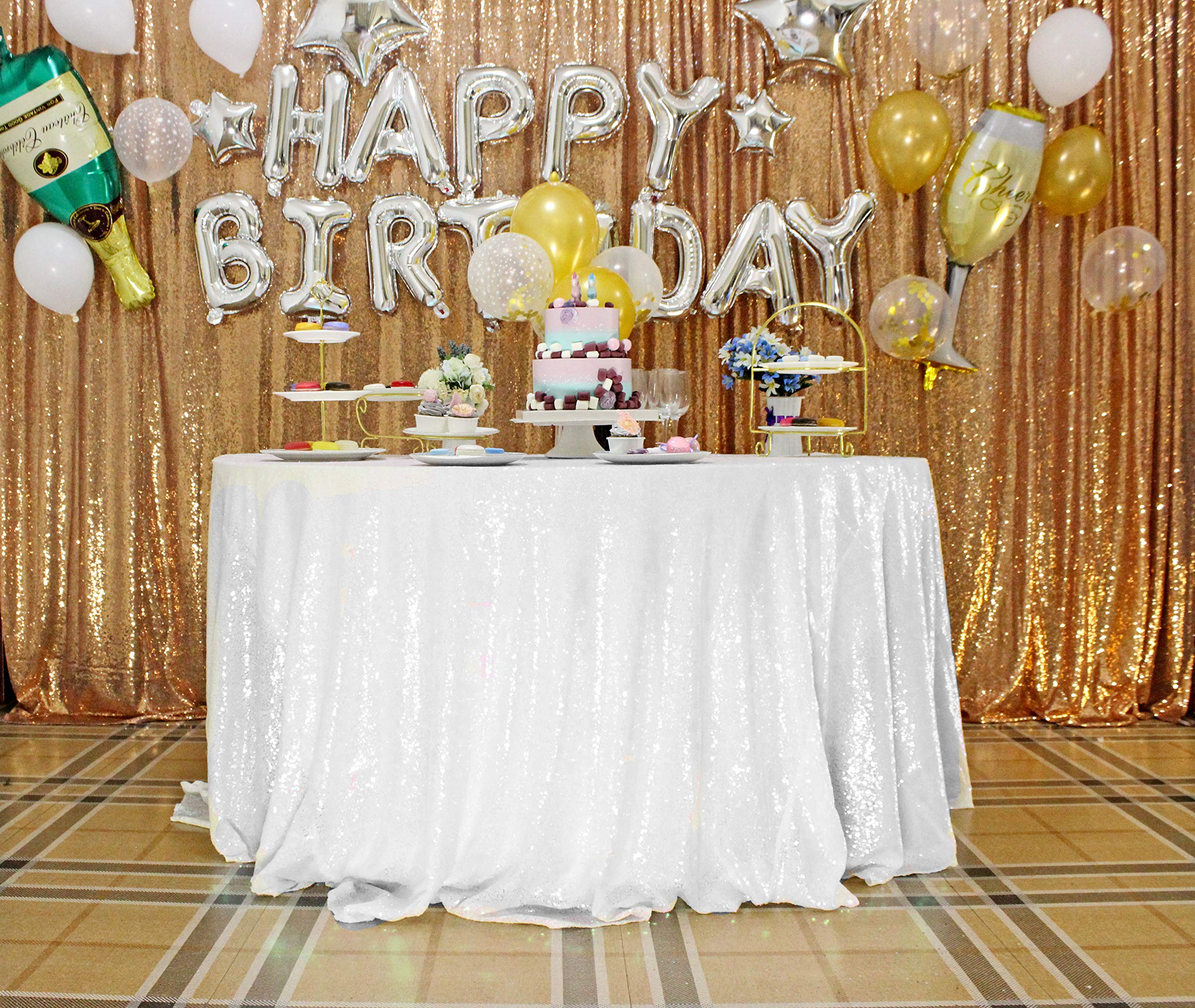 Photo 1 of JYFLZQ White Sequin Tablecloth 108" Round Sparkly Drape Table Cloths Table Cover Overlay for Wedding Birthday Party Baby Bridal Shower