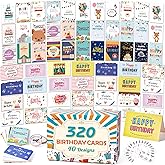 feela Birthday Cards Bulk, 320 Pack 40 Designs Happy Birthday Card Assortment Box with 320 Blank Envelopes, 336 Pieces of Stickers, 12 Washi Tapes, Greeting Cards for Employees Family, 4” X 6”
