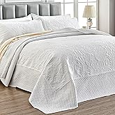 Qucover White Oversized King Bedspread, Soft Microfiber Lightweight California King Quilt, 3-Piece Ultrasonic Quilting Paisley Pattern Oversized King Quilt Sets with Shams, 128 x 120 Inches
