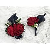DESUNESS Red Rose Wrist Corsage Wristlet Band Bracelet and Men Boutonniere Set with Black Calla Lily for Wedding Flower Accessories Prom Suit Decorations