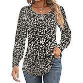 Ficerd Women's Puff Long Sleeve Tunic Tops Pleated Crew Neck Blouses Dressy Casual Loose Fit Fall and Winter Shirts