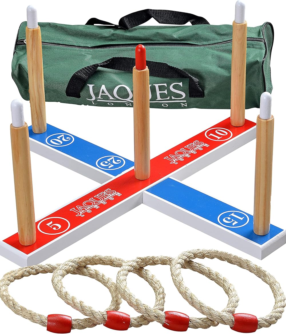 Jaques of London Quoits Garden Game Wooden Ring Toss 4 Quoits Canvas Bag