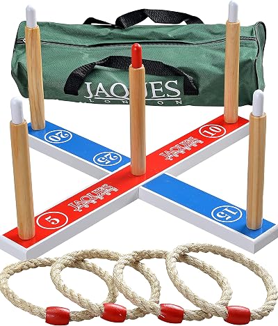 Jaques of London Quoits Garden Game Wooden Ring Toss 4 Quoits Canvas Bag