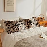 XeGe 20x54 Fluffy Body Pillow Cover, Tiger Print Plush Fuzzy Faux Fur Body Pillowcase with Zipper, Rectangular Shaggy Furry Long Pillow Cover for Pregnant Women Side Sleeper, Tiger Print Brown