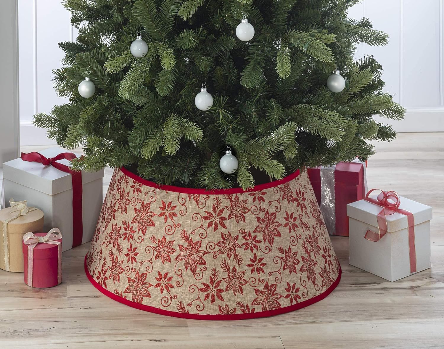 Tree Stands - New Traditions - Burlap Stand Band Christmas Tree Collar with Glitter Poinsettias - Tan/Red