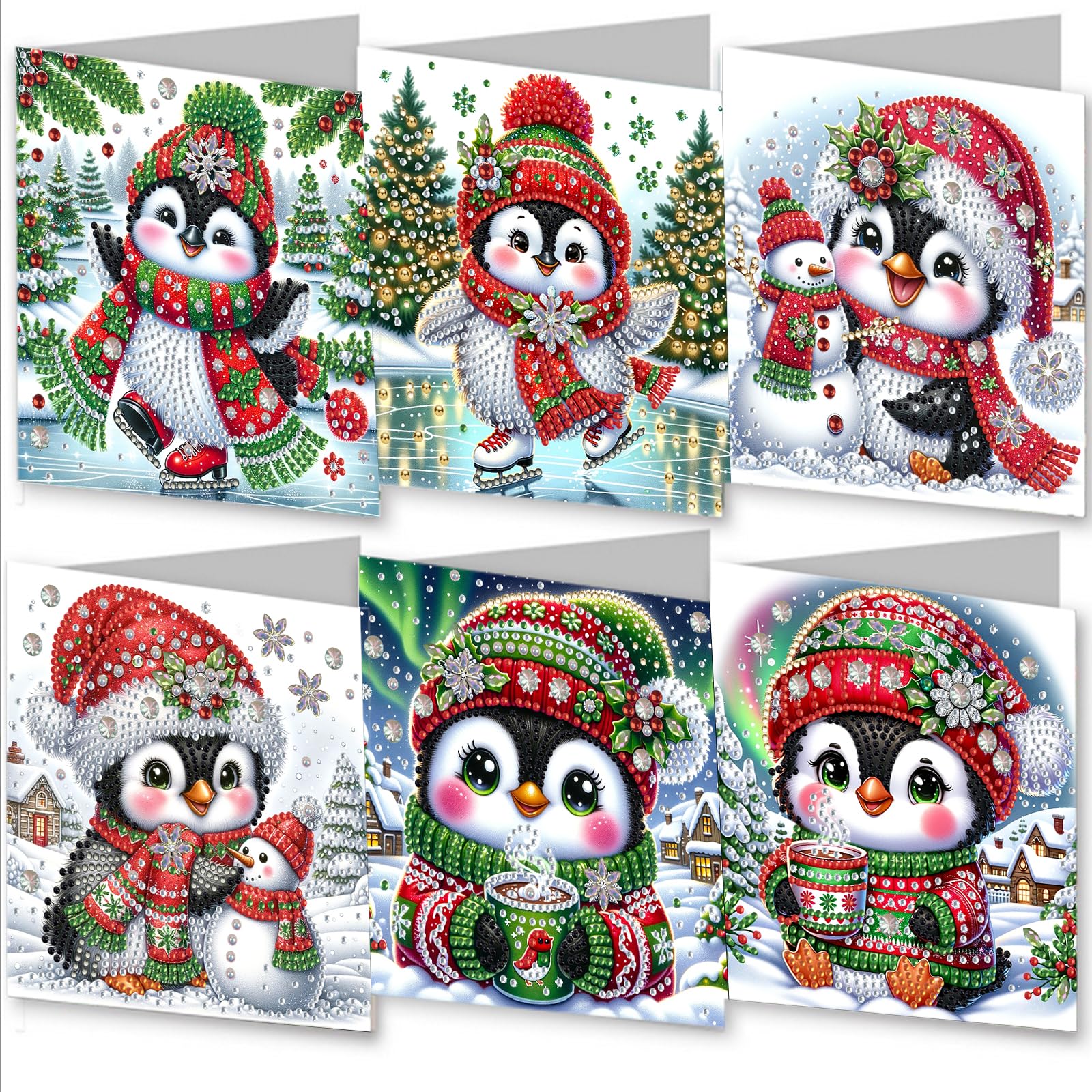 Awesocrafts 6pcs Diamond Art Christmas Cards Kits Penguin, DIY Diamond Painting Cards Sets, 5D Diamond Art Cards with Envelopes, Postcards for Handmade, Xmas 30 * 15cm (Penguin)