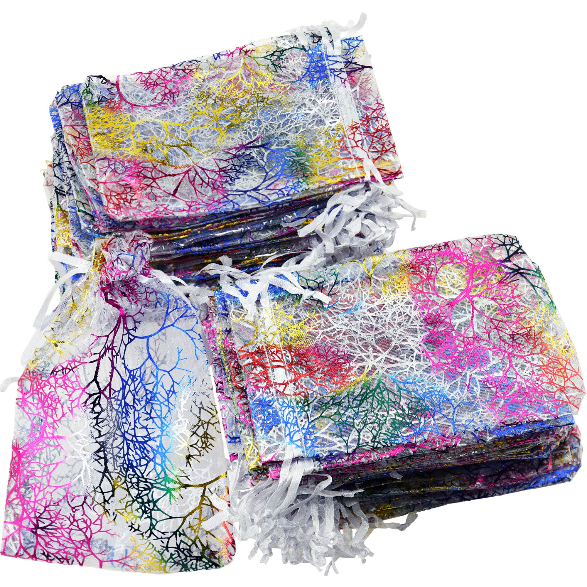 FiveSeasonStuff Organza Wedding Favours Gift Bags Jewellery Birthday Party Baby Shower Arts & Crafts Gift Wrapping Candy DIY Pouches (9cm x 12cm, Mix Colour White)