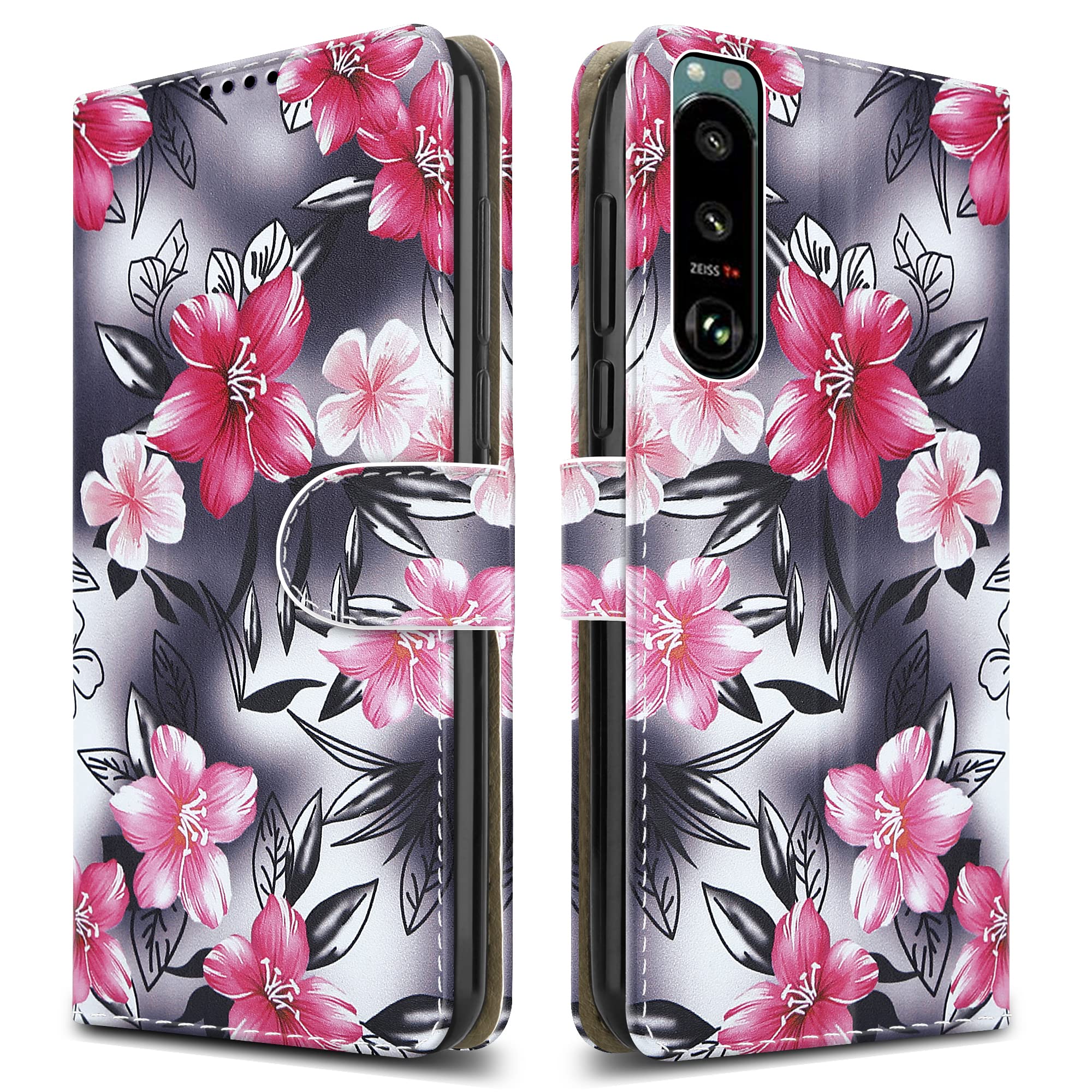 PIXFAB For Sony Xperia 5 III 5G Leather Phone Case, Magnetic Closure Full Protection Book Folio Design, Wallet Case Cover [Card Slots] and [Kickstand] For Sony Xperia 5 III 5G - Flower Print