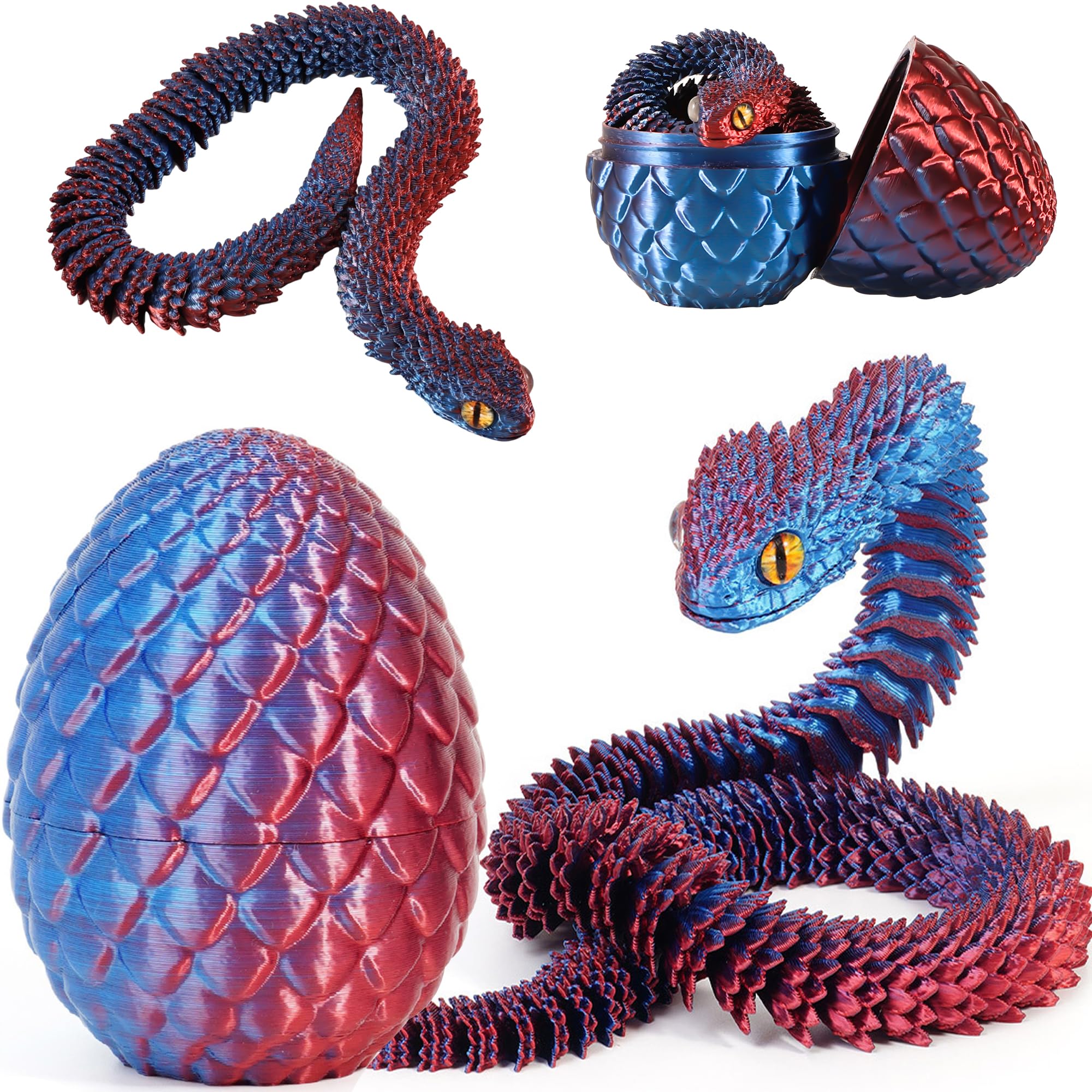 Joycabin 3D Printed Animals, 3D Printed Snake Fidget Toy, Easter 3D Printed Dragon Egg Snake Eggs, Fidget Mini Animals Toy Articular Mobility Toys for Adults and Kids Autism/ADHD (Blue Red)