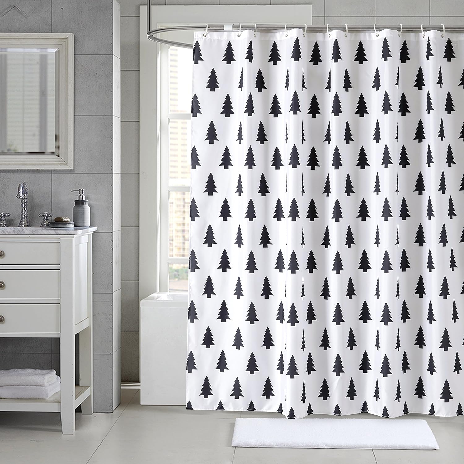 Seavish Fabric Shower Curtain, Black and White Tree Waterproof 72 x 78 inches Bold Classic Bathroom Shower Curtain Set with Hooks (Cedar Tree)