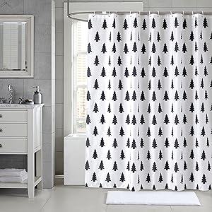 Seavish Fabric Shower Curtain, Black and White Tree Waterproof 72 x 78 inches Bold Classic Bathroom Shower Curtain Set with Hooks (Cedar Tree)
