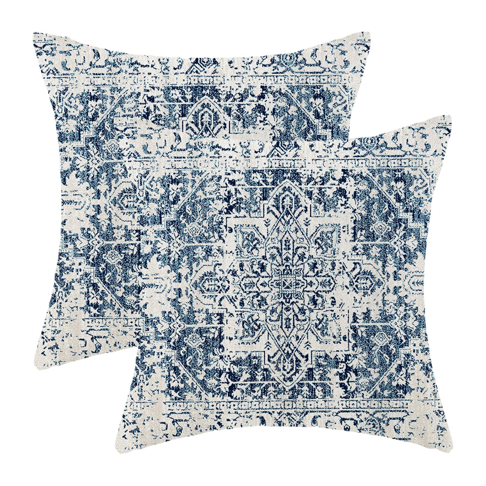 Photo 1 of AEIOAE Boho Pillow Covers 18x18 Inch Set of 2,Carpet Pattern Throw Pillows Case,Blue White Ethnic Design Outdoor Decorative Square Linen Farmhouse Decor Cushion Covers for Home Sofa Bed Couch