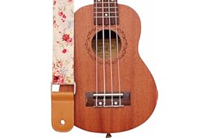 MUSIC FIRST Original Design “Rosa Multiflora in Cream” Soft Muslin & Genuine Leather Ukulele Strap Ukulele Shoulder Strap Wit