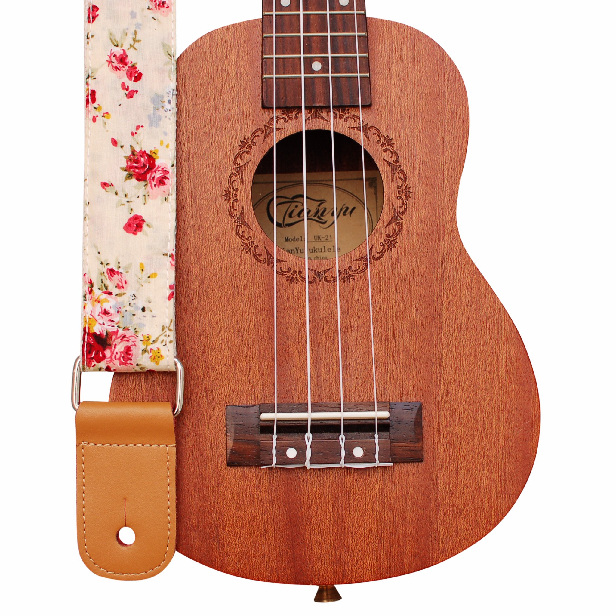 MUSIC FIRST Original Design “Rosa Multiflora in Cream” Soft Cotton & Genuine Leather Ukulele Strap Ukulele Shoulder Strap