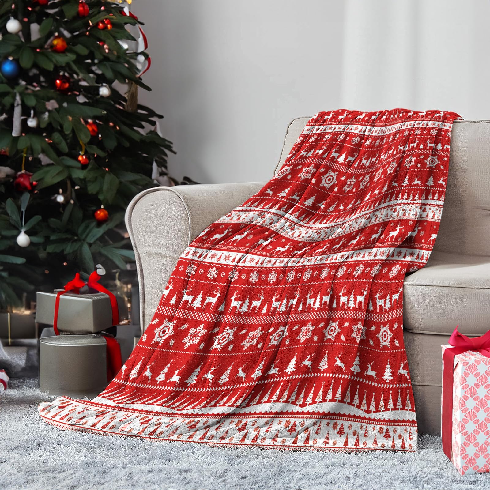 Red Christmas Blanket, Womens Gifts for Christmas Holiday Throw Blanket with Reindeer Xmas Tree Print, Boho Christmas Throw Blanket for Couch Sofa Fuzzy Warm Cozy Fleece Home Decor - 60 × 50 inches