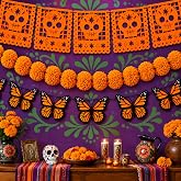 Colarr 3 Pcs Day of The Dead Banners Set for Dia De Los Muertos Decorations | Papel Picado Felt Banner, Artificial Marigold Garland, Felt Monarch Butterfly Garland, Halloween Home Hanging for Ofrenda