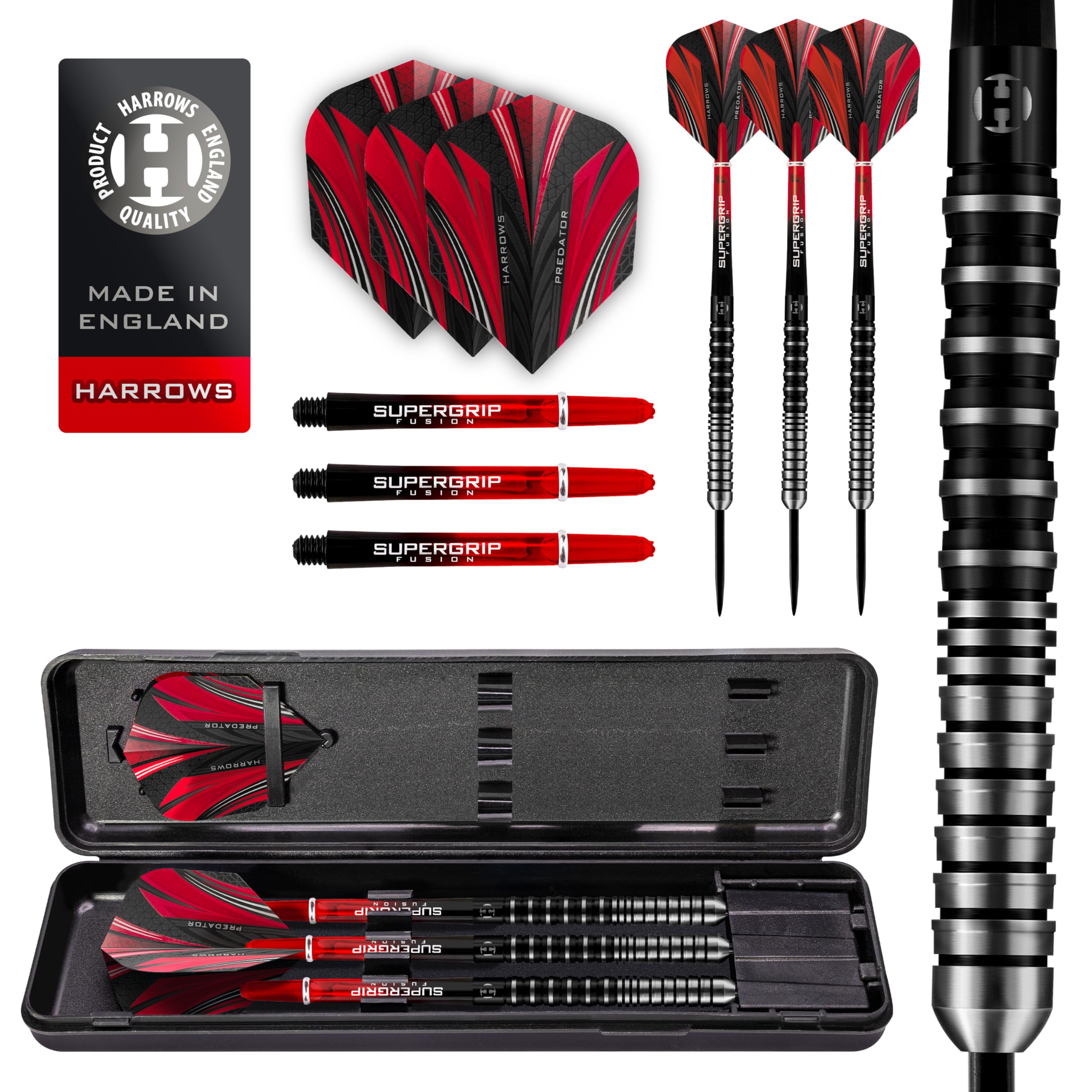 Harrows Predator 90% Tungsten Steel Tip Darts Set 22g, 23g, 24g &25g - Includes Ultra Traction Grip, Supergrip Fusion Shafts, Prime Flights & Travel Case (26g)